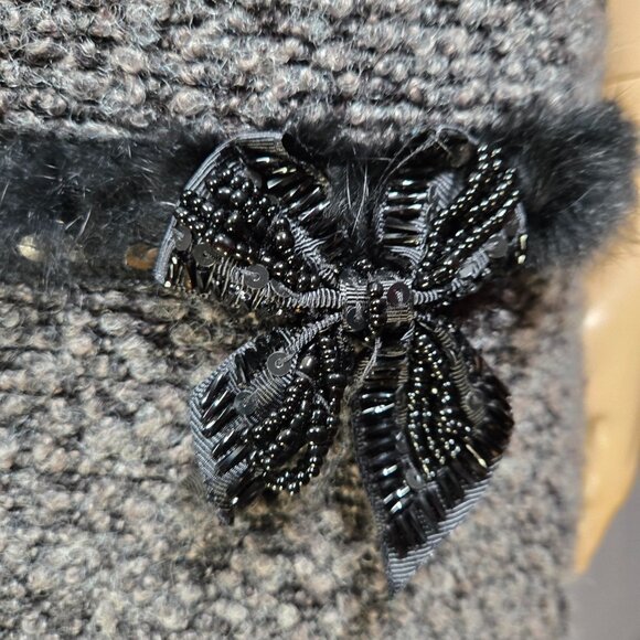 Vintage Joseph Ribkoff Drop Waist Short Dress Size 6 Black Gray Knit Beaded Bow - Picture 3 of 11